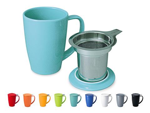 Stoneware and glass mugs with infusers and lids.