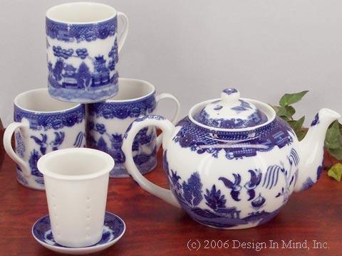 Traditional Blue Willow designs on porcelain teaware from China.