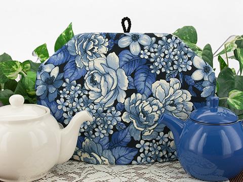 Tea cozies with a decidedly blue theme.